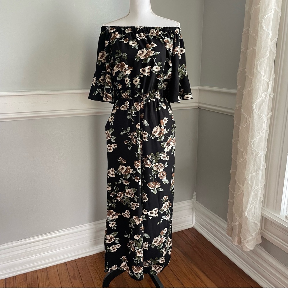 Black Brown Cream Floral Jumper Off the Shoulder Flutter Sleeve Size M